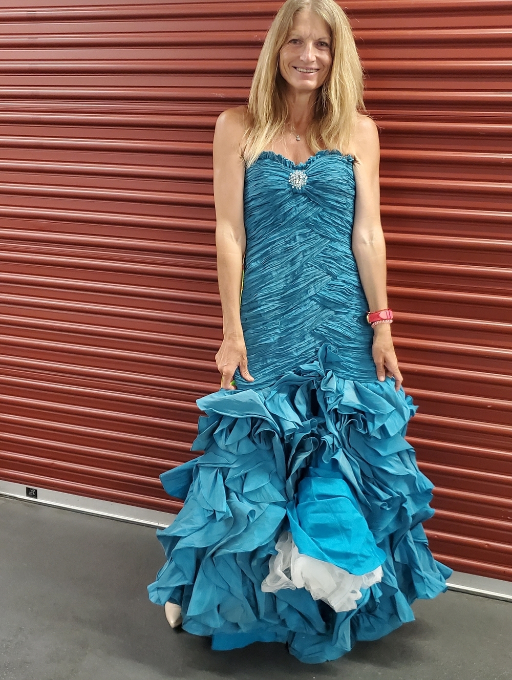 Alyce Designs AQUA Strapless Drop Waist Flamingo Style Gown Ruche High & Low 4 - Picture 3 of 17